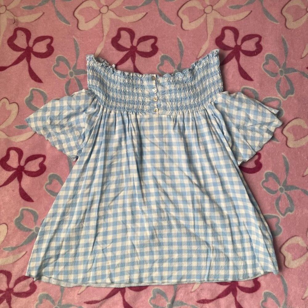 Now N Forever Coquette Cottagecore Gingham Smocked Top Blue White Medium